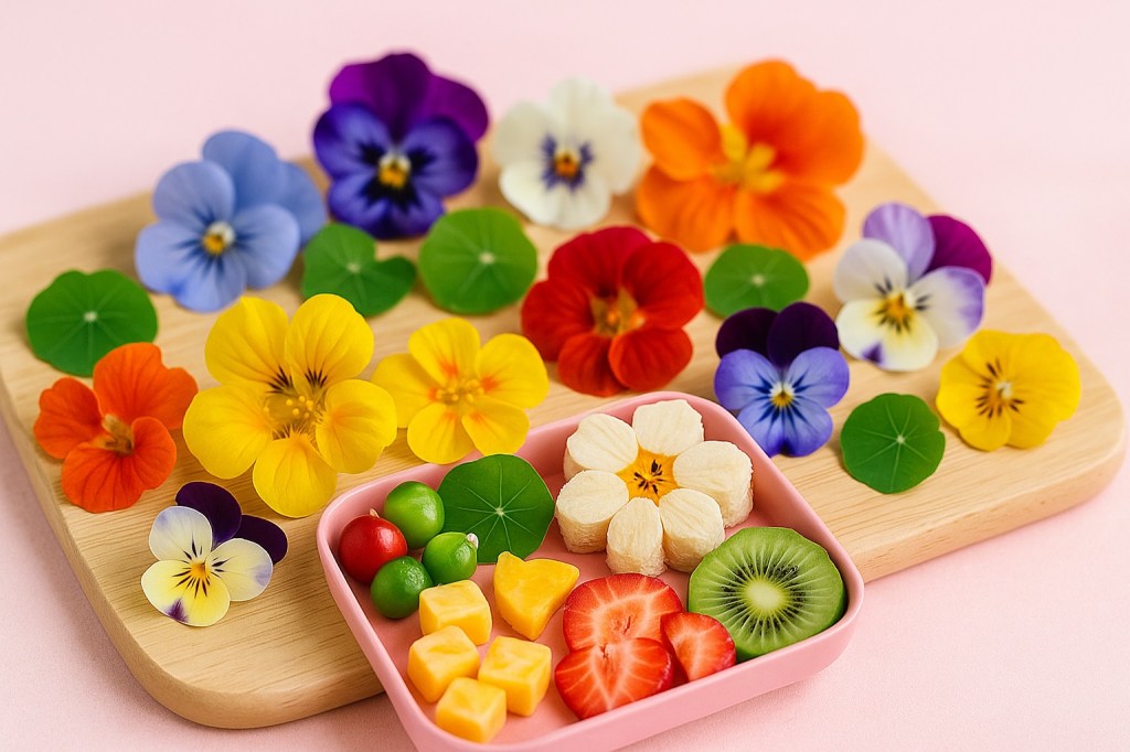 Assortment of edible spring flowers such as pansies and nasturtiums arranged on a wooden board, photographed in soft natural light, pastel background.