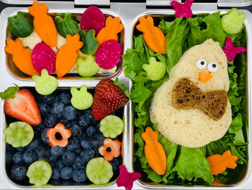 Colorful watermelon radish in a Spring-themed lunchbox for kids