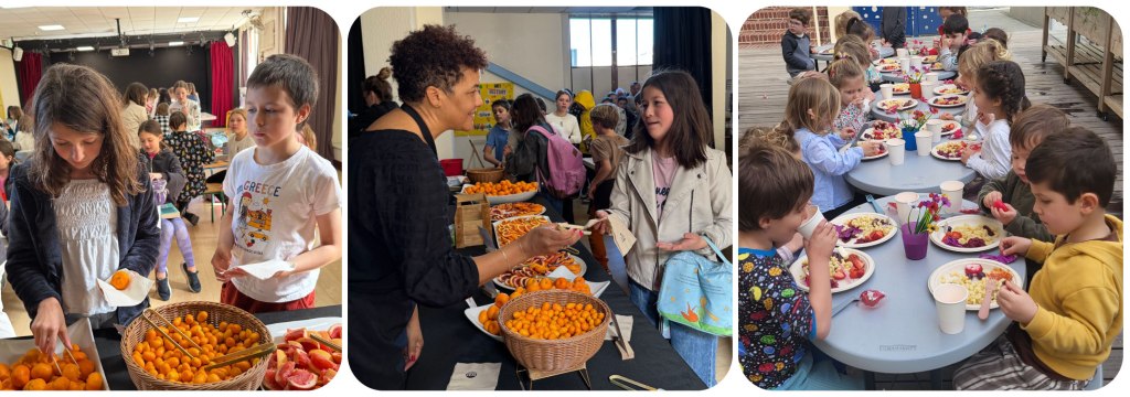 Ashbury students participating in a citrus tasting buffet and younger children sharing a fresh meal together as part of the Lycée cantine program.