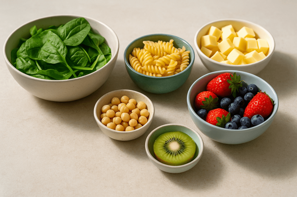 Ingredients for a kid-friendly salad. Pasta, greens, chickpeas, cheese cubes, and fruit arranged on a counter.
