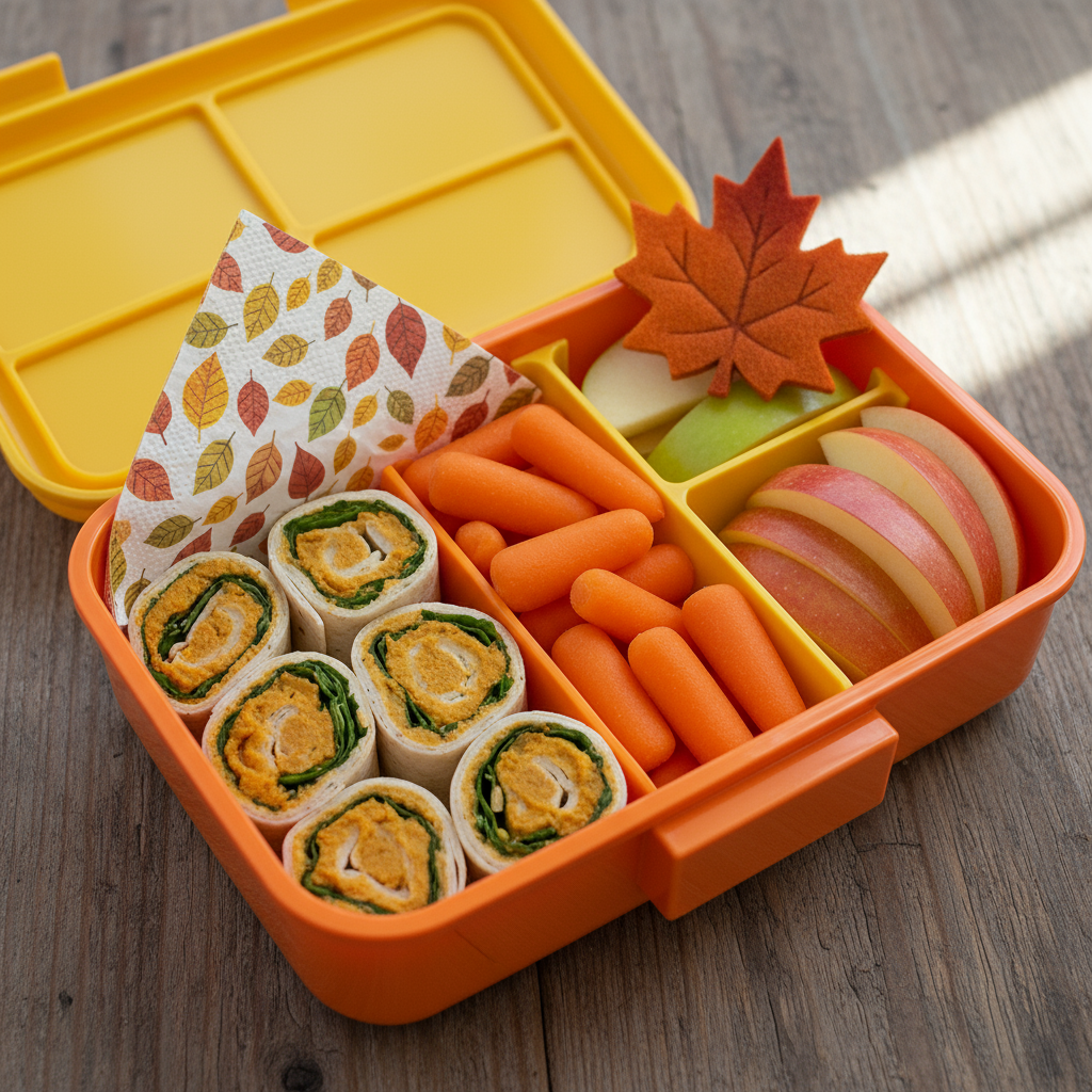 A bright lunchbox with sliced pumpkin hummus wraps, baby carrots, and apple slices, with a little autumn napkin or leaf accent.