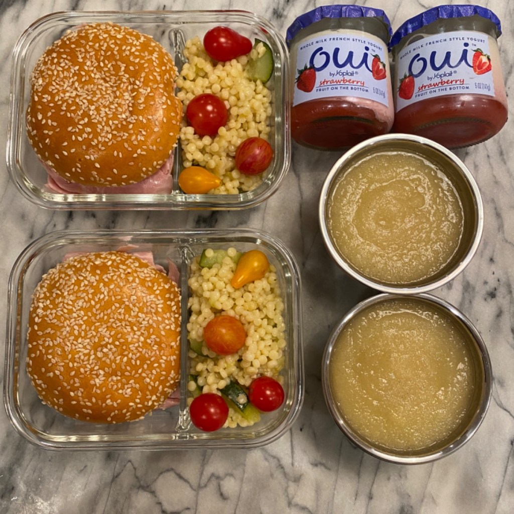 Ham burgers (sandwiches) with pearled couscous salad. Strawberry yogurt. And homemade applesauce.