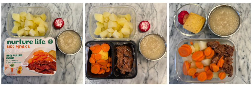 Nurture Life's meal with BBQ pulled pork, in the box, then put in the lunchbox with complementary food (boiled potatoes and homemade appelsauce were dinner's leftovers)