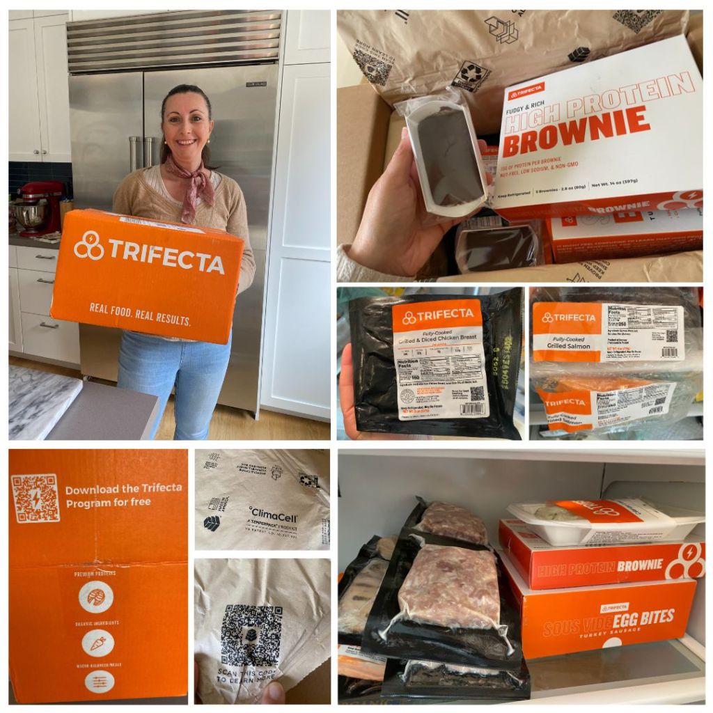 Unboxing our Trifecta meal prep delivery at Teuko: a surprise box filled with protein-packed ingredients like grilled chicken, salmon, egg bites, and brownies, ready to inspire easy, healthy lunches.