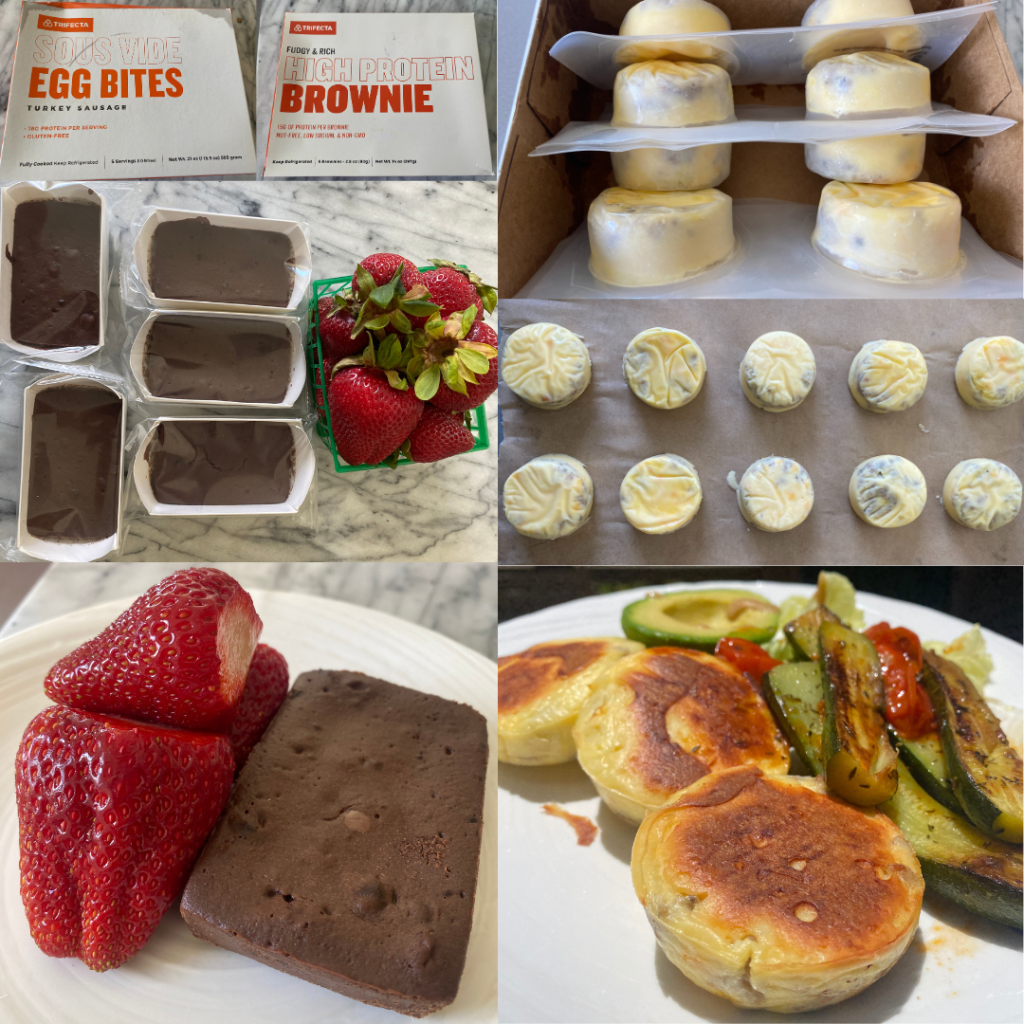 Homemade brunch featuring Trifecta’s turkey sausage egg bites and high-protein brownies, paired with fresh strawberries and roasted veggies — a balanced, family-approved weekend treat.