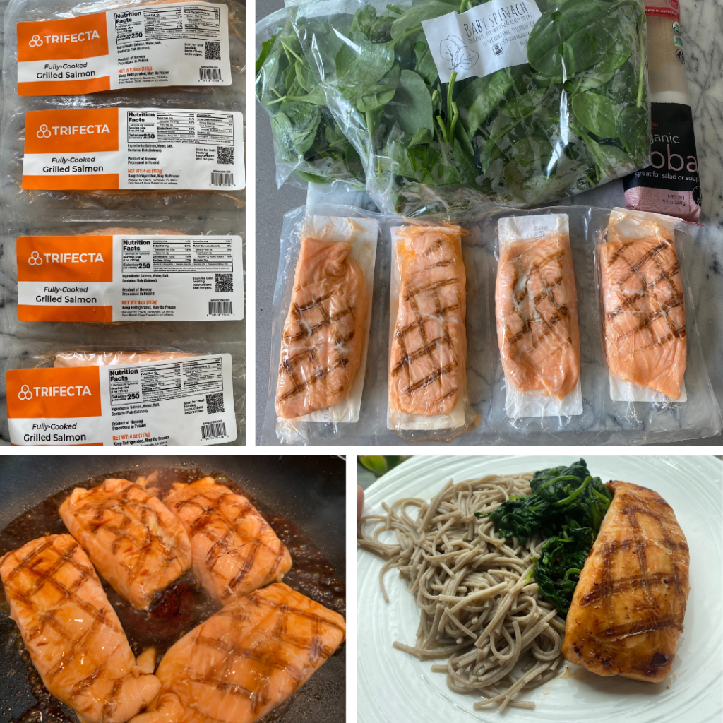 Easy homemade lunch using Trifecta’s grilled salmon, served with sautéed spinach and soba noodles for a nutritious family meal packed with omega-3s and fiber.