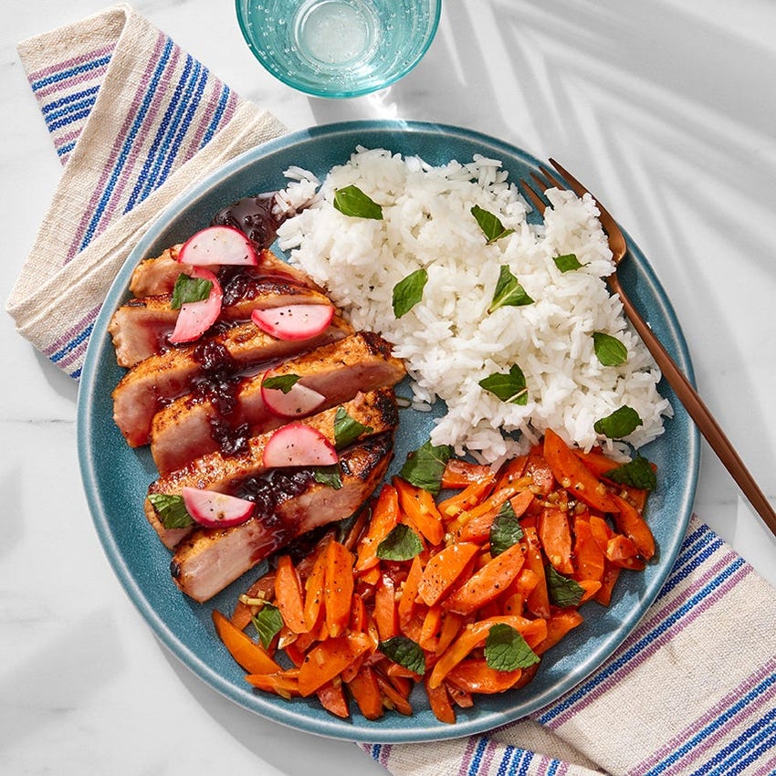 Charred Pork Chops with Carrots and Rice