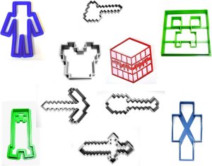 An assortment of Minecraft-themed cookie cutters in various shapes, including a Creeper, pickaxe, sword, and block, designed for creative baking and lunch packing.