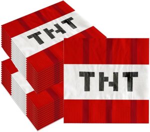 A stack of Minecraft-themed paper napkins featuring red and white colors with 'TNT' printed in black.