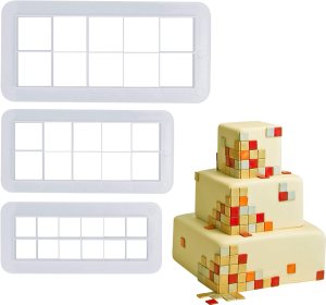 Three food molds designed for creating pixelated cake decorations, showcasing a stacked cake with a blocky design inspired by Minecraft.