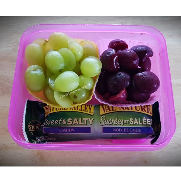 Granola bar, cherries, green grapes, for a kid's snack