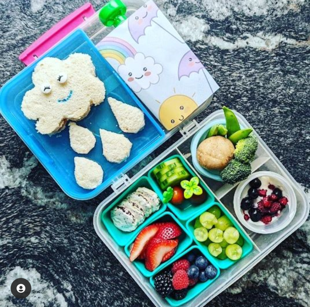 Berry Yogurt Parfait among many other colorful and delicious fresh food in a kid's lunchbox