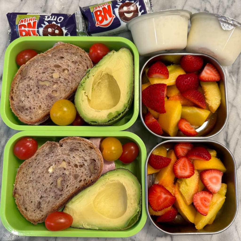 Avocado, tomatoes, sandwich, rice pudding, and fruit salad for a kid's lunch at school