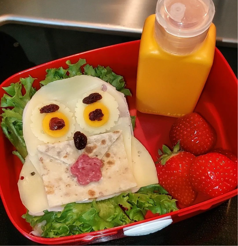 orange smoothie with Harry Potter's owl-shaped quesadilla for a kid's lunch at school