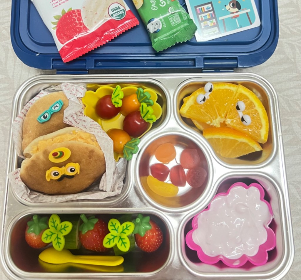 Egg salad sandwich for a kid's school lunch in a stainless steel Bentgo lunchbox
