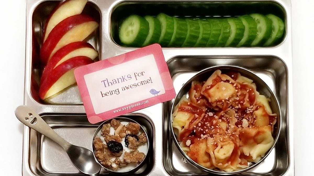 Pasta with tomato sauce in a Planetbox lunchbox