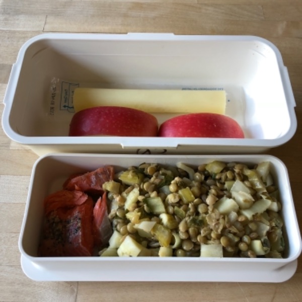 Lentil fennel salad with salmon in a  kid's lunch box