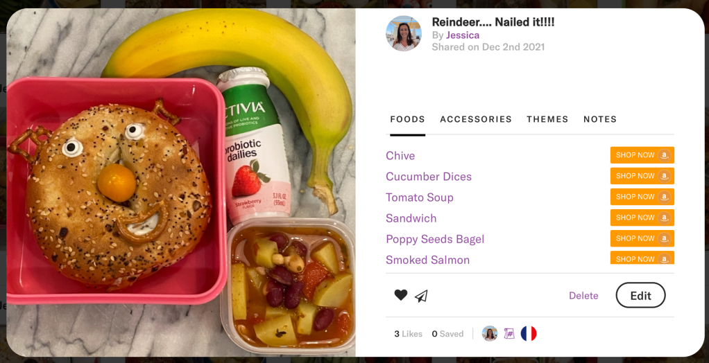 Reindeer sandwich that looks like Shrek. Jessica Teuko user kids lunchbox ideas community laughed and mentioned "Nailed it!" for the "Ugly Christmas lunch" she made.