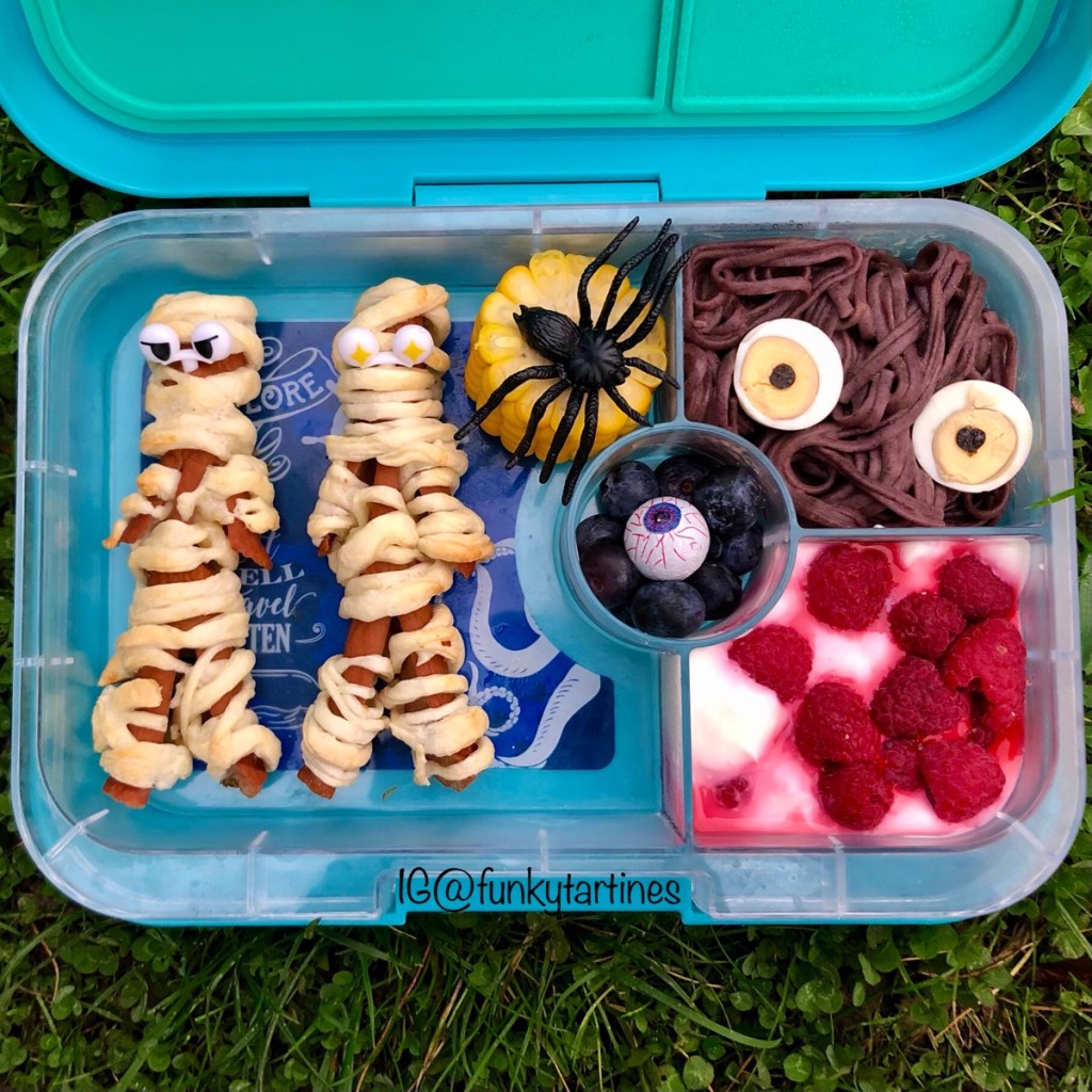 Halloween kids lunchbox idea with mummy sausages