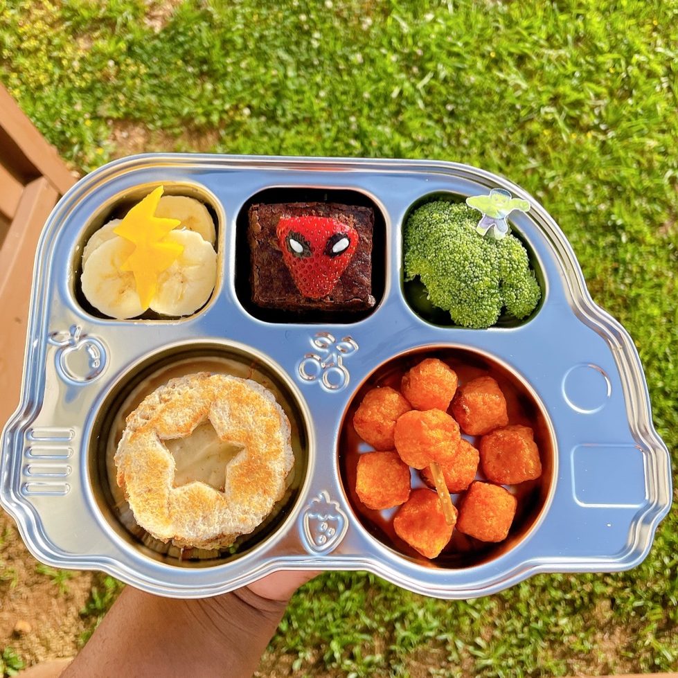 Sweet potato tots for a kids lunch in a stainless steel bento lunchbox