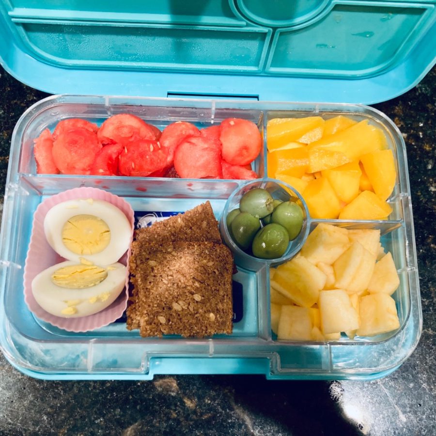 Lunchbox idea for kid with watermelon balls and hard boiled egg