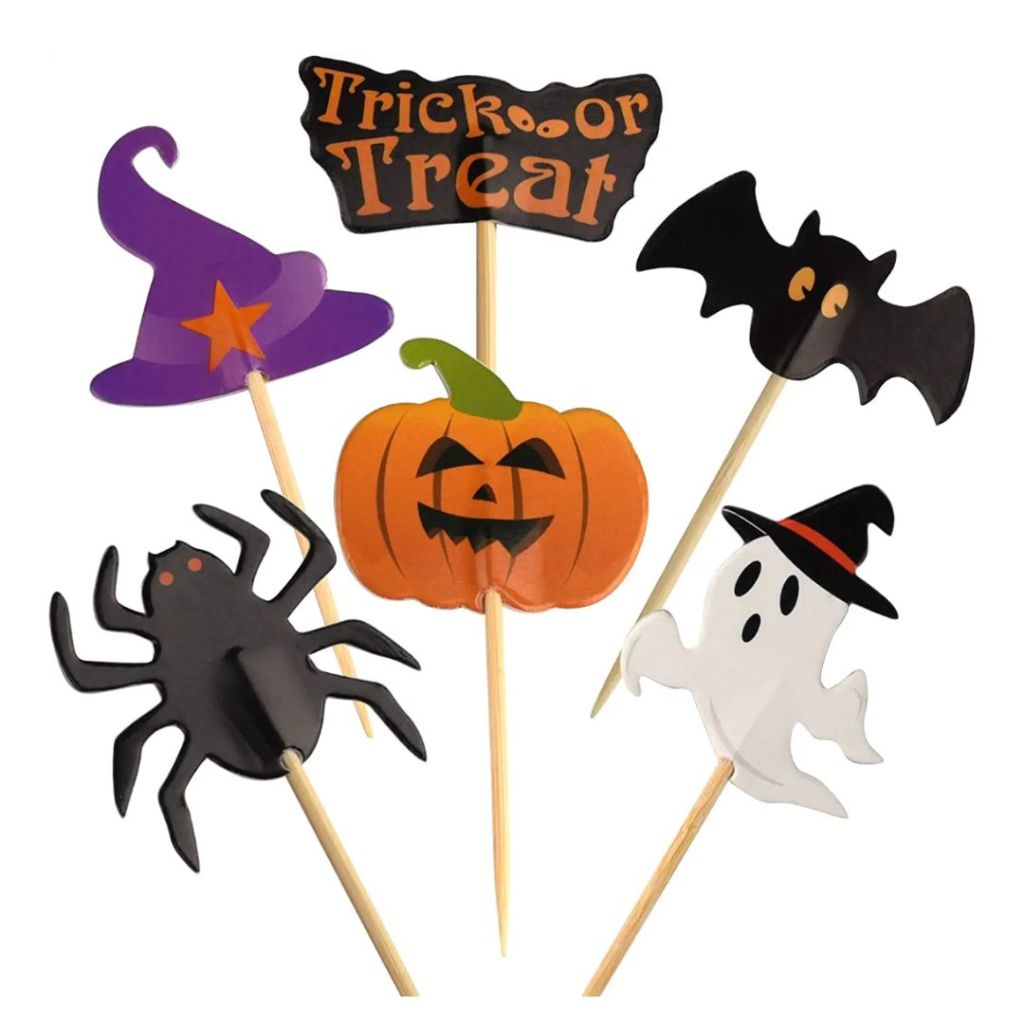 Paper food picks for Halloween with spiders ghosts jack o lantern witch hat bat