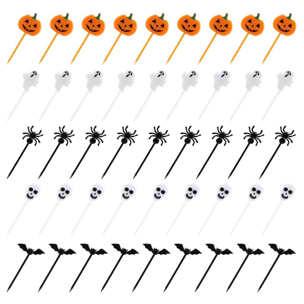 Plastic food picks for Halloween with ghosts jack o lanterns spiders skulls bats