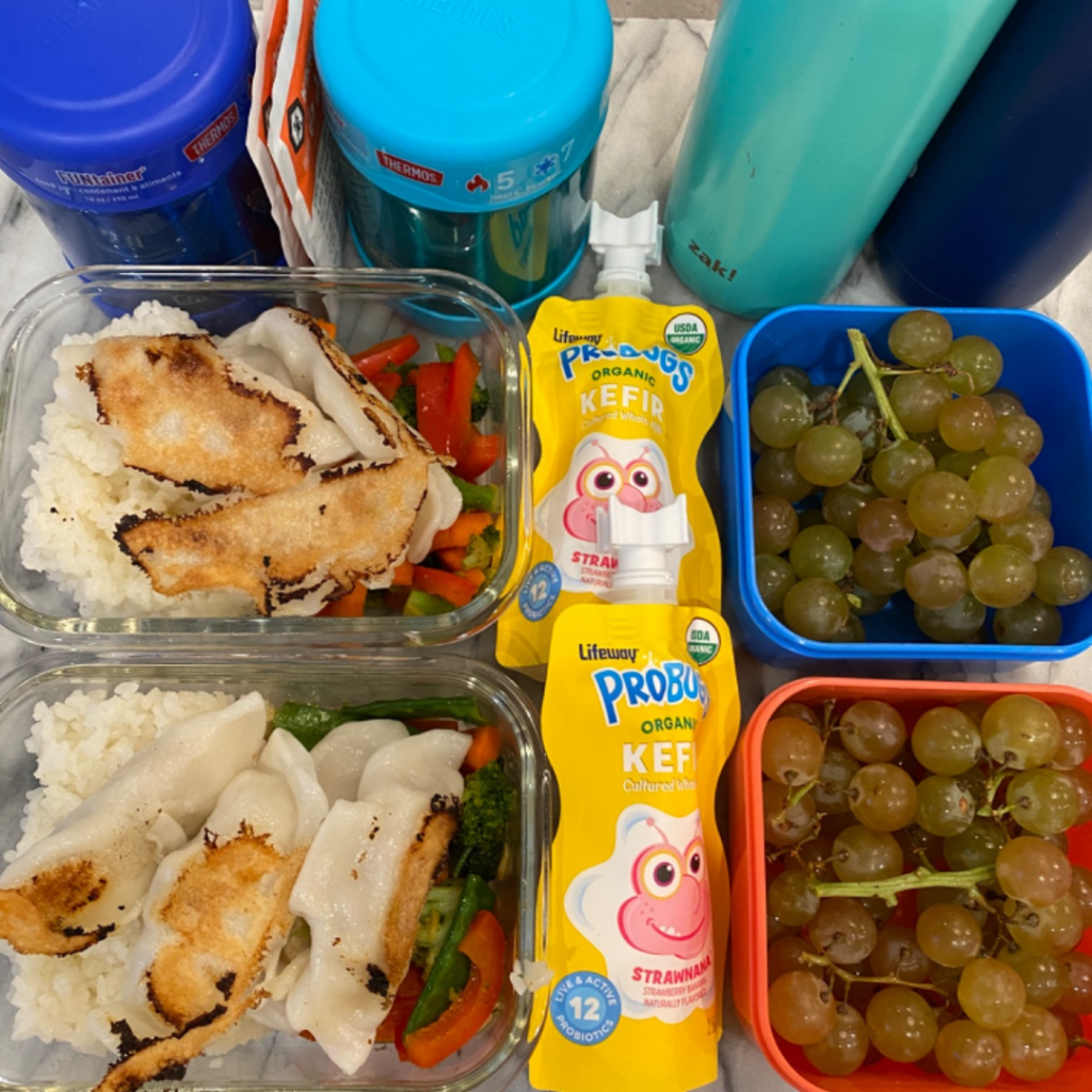 a lunchbox hot lunch for kids, with miso soup, potstickers, rice and veggies, Lifeway's Probugs Strawnana Kefir, and green grapes.