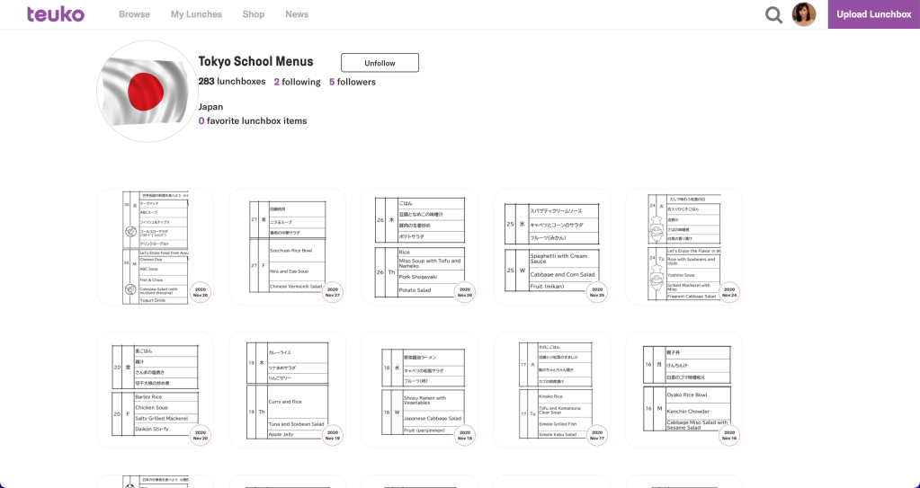 Japanese school lunch menus in Teuko.com