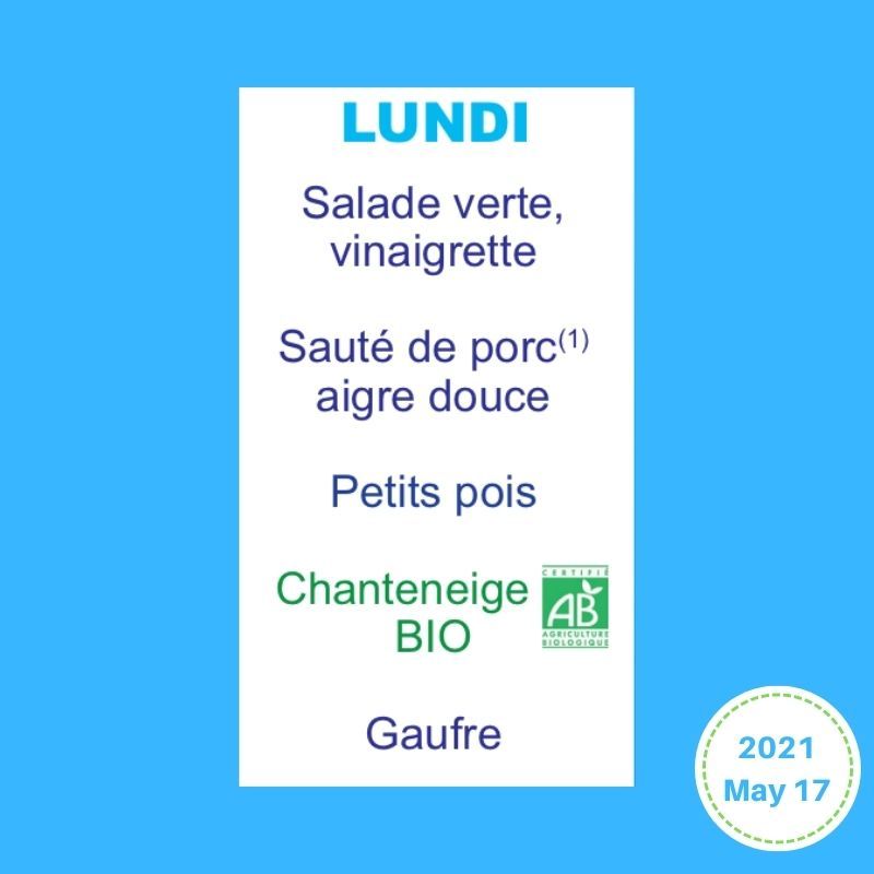French school lunch menu with romaine salad (or batavia salad) and vinaigrette