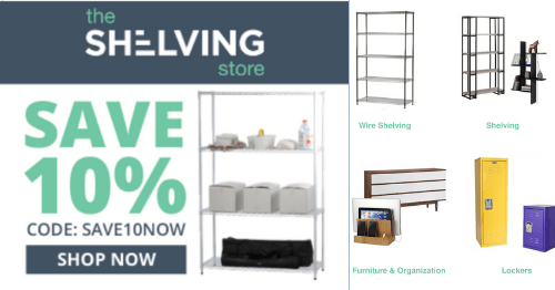 Shelving store 10% off offer on furnitures lockers organization accessories