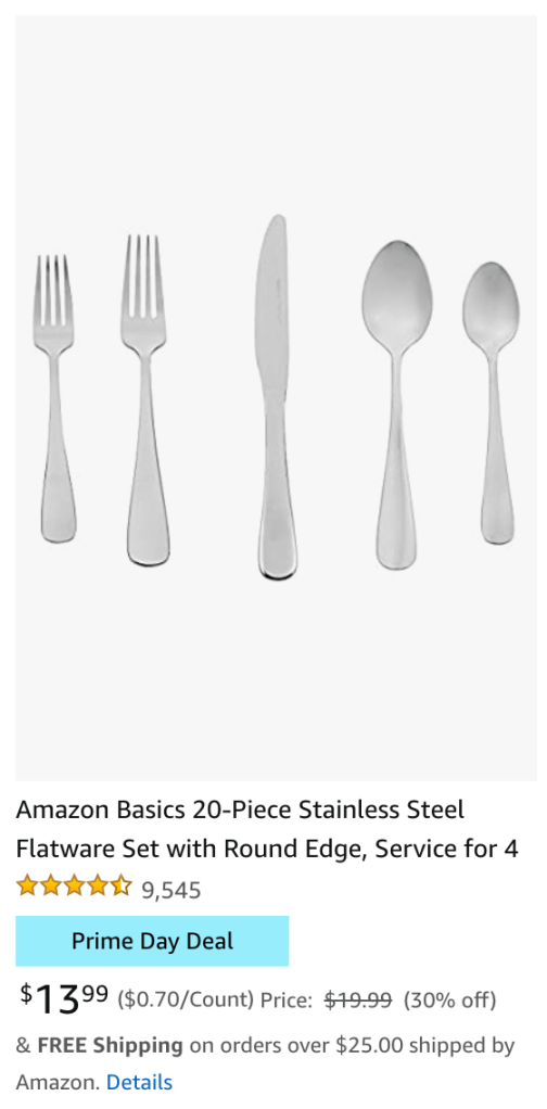 Amazon Basics 20-Piece Stainless Steel Flatware Set with Round Edge Amazon Prime Day 2021 Deals