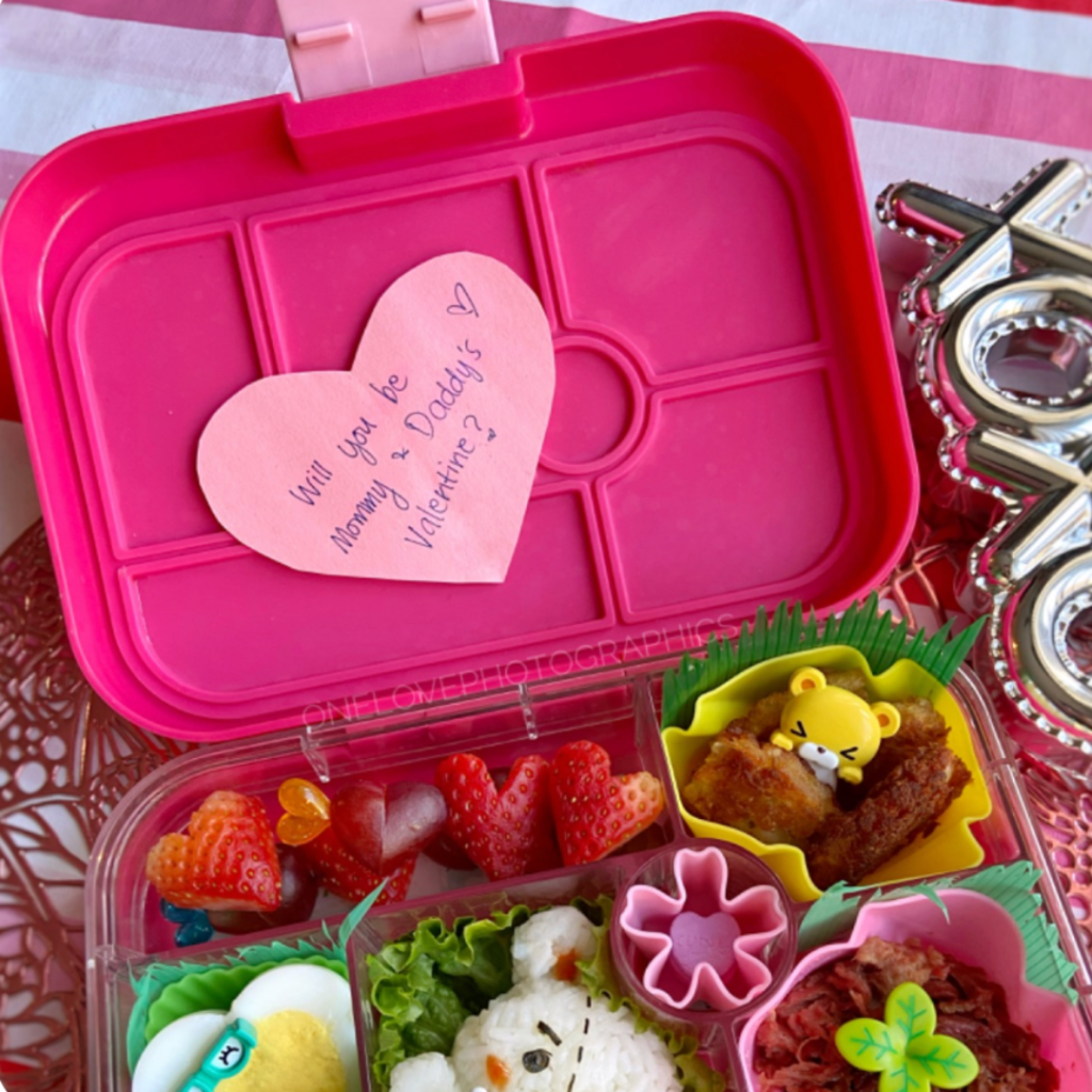 Kids lunch box bento for Valentine's day with lunchbox note