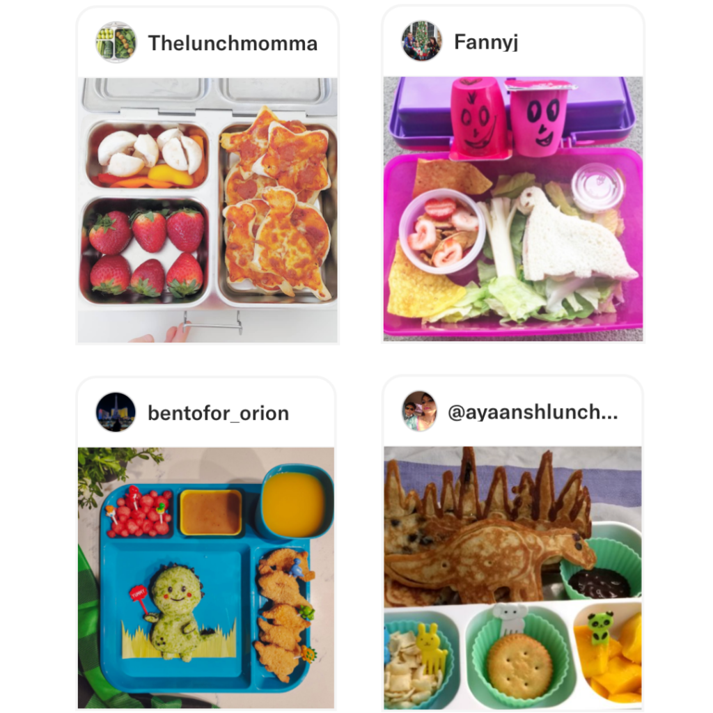 Dinosaurs in sandwiches, pizzas, pancakes, rice, or nuggets. Teuko kids' lunchbox ideas.