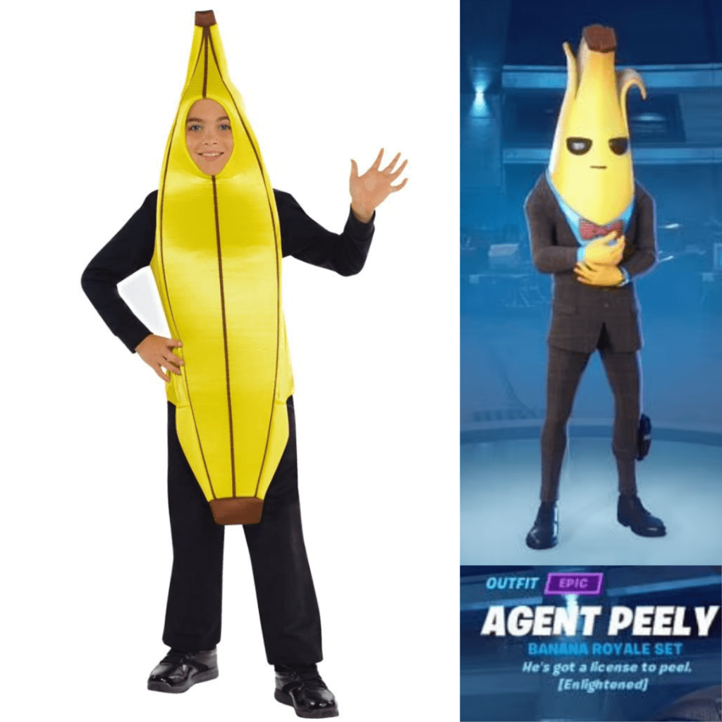 Banana costume and Fortnite's Agent Peely. A big hit with our kid for Halloween 2020