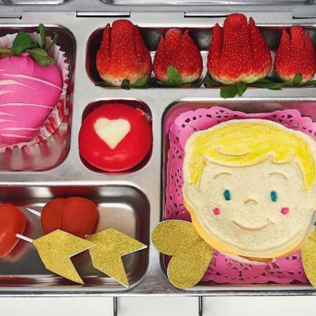 Valentine's day lunchbox idea for kids with cupid and red roses.