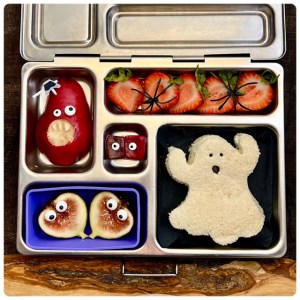 Cute ghost sandwich and Halloween monsters in a Planetbox bento lunchbox