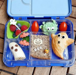 Fruity spooky banana ghost in a Halloween kid's bento lunchbox