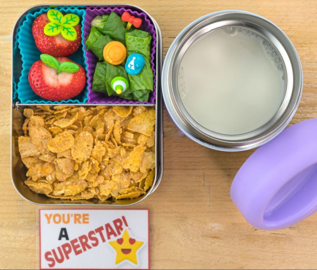 Milk and cereals breakfast for lunch in a kids' lunchbox